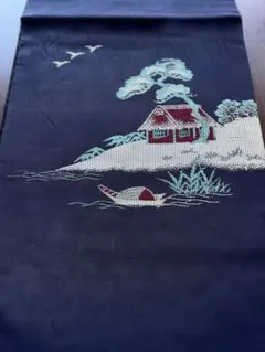 アンティーク袋帯☆大正ロマン☆B2濃紺ベースに川縁の鳥が飛ぶ風景画