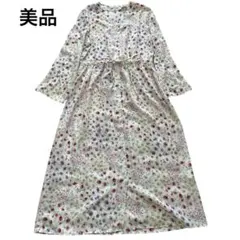 花柄ワンピース M ロング 春 ウエストリボン フレア 長袖