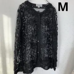 チュール生地 シースルー ビーズ ヴィンテージ 黒 ブラック M 刺繍 花柄