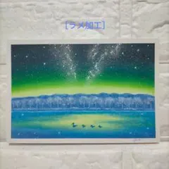 カルガモ親子と湖畔の風景画 オイルパステル画 原画 ハガキサイズ絵画
