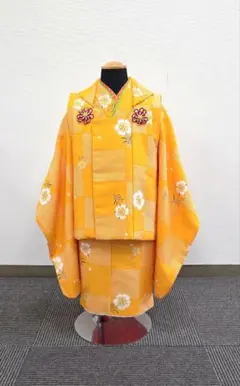 七五三 3歳 被布 着物 長襦袢 女児 100cm 昭和レトロ 古典柄 黄色