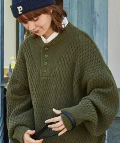 MONO-MART LADY'S モノマート ヘンリーネックニット カーキ