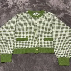 緑と白のチェック柄ニットカーディガン