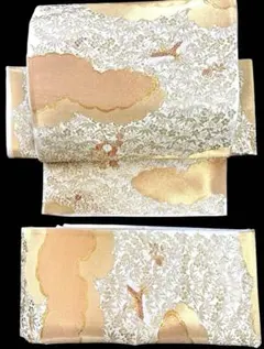 美品 正絹 作り帯 二重太鼓 金彩 雲取り文様 煌めく四季の情景を華やか