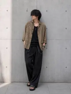 291295=HOMME リネンシャツ ペイント加工 ワイヤー襟 九分袖 モードのサムネイル