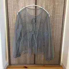 グレー シースルー 長袖シャツ リボン付き
