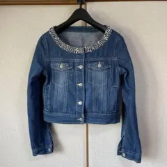 デニムジャケット 長袖 ジャケット ノーカラー パール ビジュー　Gジャン