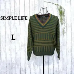 シンプルライフ / ストライプ Vネック ニット セーター L レナウン