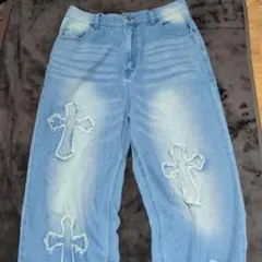 十字架ダメージデニムパンツライトブルー
