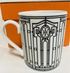 【美品】エルメス Hデコ マグカップ ホワイト×ブラック 陶器 箱付き