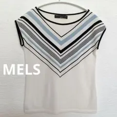 ​日本製MELS 美品 Vライン切替サマーニット 白 水色 涼感 綿混 半袖