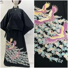 ۞ 866 着物リメイク 紋付 黒留袖 鶴 紫 ショート丈羽織 ロングスカート