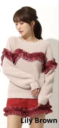 最終価格リリーブラウン　モールフリルニットトップスF ピンク×チェック柄