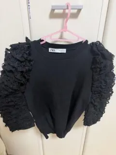 ZARA 半袖ニット レースフリルスリーブ ブラック S