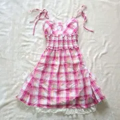 【美品】トゥララ　ピンクチェック キャミワンピース　ビッグリボン　レース　フレア