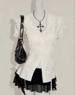 SHEIN フリル付きホワイト半袖シャツ y2k グランジ 売り切れ商品