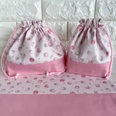 25×35ランチョンマット&お弁当袋&コップ袋　イチゴ　ピンク　フラワー