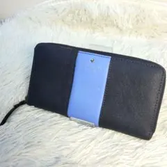 ケイトスペード 長財布 ラウンドジップ バイカラー ネイビー 青 レザー 水玉