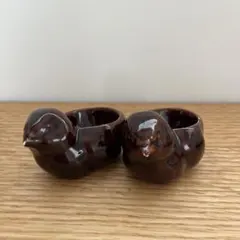 鳥型　陶器　エッグスタンド　飴色　2個セット　フランスヴィンテージ