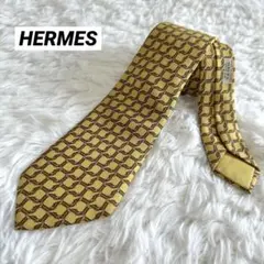 HERMES 良品✨エルメス ネクタイ シルク 黄色 イエロー 馬蹄柄 クロス