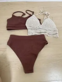 セパレート水着 ビキニ 2点セット ブラウン ベージュ　ニット　クロシェ編みのサムネイル