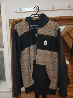 COACH signature 拉鍊連帽衫 L號 黑色 米色