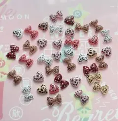 ヒョウ柄 ハート リボン ネイルパーツ　50個mix