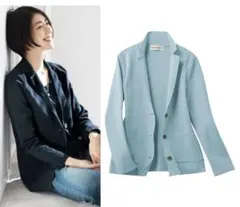 美品高島屋スタイルプリュ ミラノリブニットジャケット ブルー サイズL