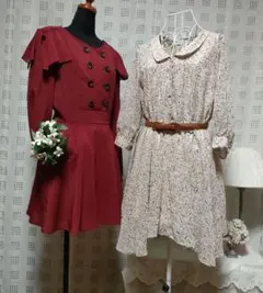 バーガンディワンピースと花柄ワンピース２枚セット ベルト付き