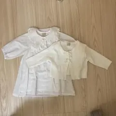 petit main　レース襟付きシャツワンピースとカーディガンセット　80