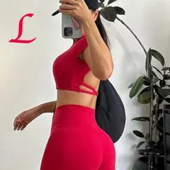 レッドL ヨガトップス カップ付 美背 クロスバック タンクトップ　半袖ウェア