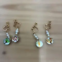 カラフルビーズとパールのイヤリングセット 2点セット リバーシブル