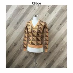 カシミヤ混 Chloeクロエ イタリア製 幾何学模様 Vネック ニット セーターのサムネイル