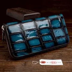実物撮影 一枚革 クロコダイル ブルー メンズ 長財布 ラウンドファスナー 青