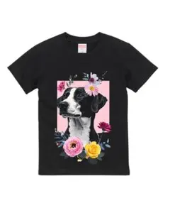 人気❣️ハイクオリティーTシャツ 犬Tシャツ 花柄 犬イラスト 前ブラックMサイズ