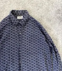 60s 50s Lipson 柄シャツ コットン ネイビー 総柄 長袖 古着