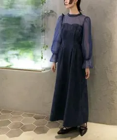 forksy. サテンジャガードオーガンジー切り替えワンピース ネイビー