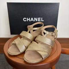 美品 CHANEL 香奈兒 涼鞋 36 號 金色 皮革 雙C標誌