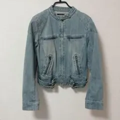 【良品】 短丈 ノーカラー デニムジャケット Y2K ベルト ジップ ライダース