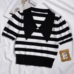 SHEIN DAZY パフスリーブ ニットポロ ボーダー トップス