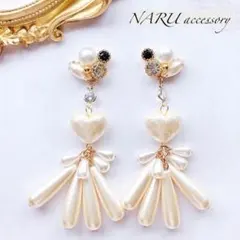 【576】ランダムビジュー　ハート　雫パール　ハンドメイド　ピアス　イヤリング