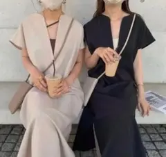 BLATE リネンタッチカフタンワンピース　ベージュ