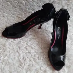 DIANA ダイアナ オープントゥパンプス エナメル ブラック リボン 23.5