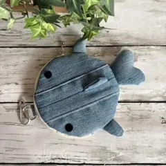 ジンベイザメ丸型ポーチ☆がま口☆ハンドメイドポーチ☆デニムリメイク57.