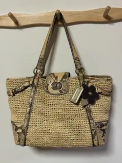 【COACH】コーチ ラフィア×スネーク柄レザー トート フラワーチャーム付
