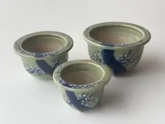 戦前 統制番号 未使用 瀬戸焼 古瀬戸 青磁 植木鉢 盆栽鉢 梅図 3個