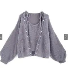 GRL パールカーディガン×リボンキャミソールシャギーニットアンサンブル　ブルー