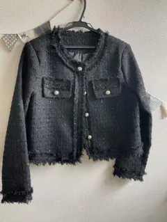 1回着用 ラメ ツイード ジャケット ノーカラー ブラック