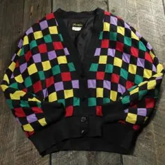 古着　シルクカーディガン　マルチカラー　チェック柄　M レディース　ラグラン