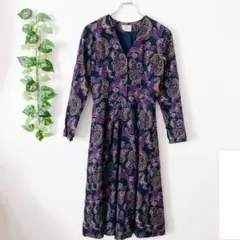 【7A】 ローラアシュレイ ワンピース 長袖 ペイズリー バラ 花柄 総柄 秋冬